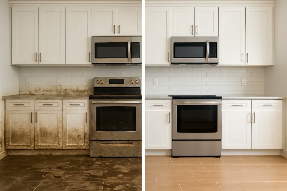 Illustrative before-and-after view of water-damaged materials and a restored interior